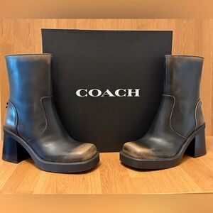Coach Sculpt C Leather Platform Ankle Bootie Brown Block Heel-Size 5.5 (NWT)